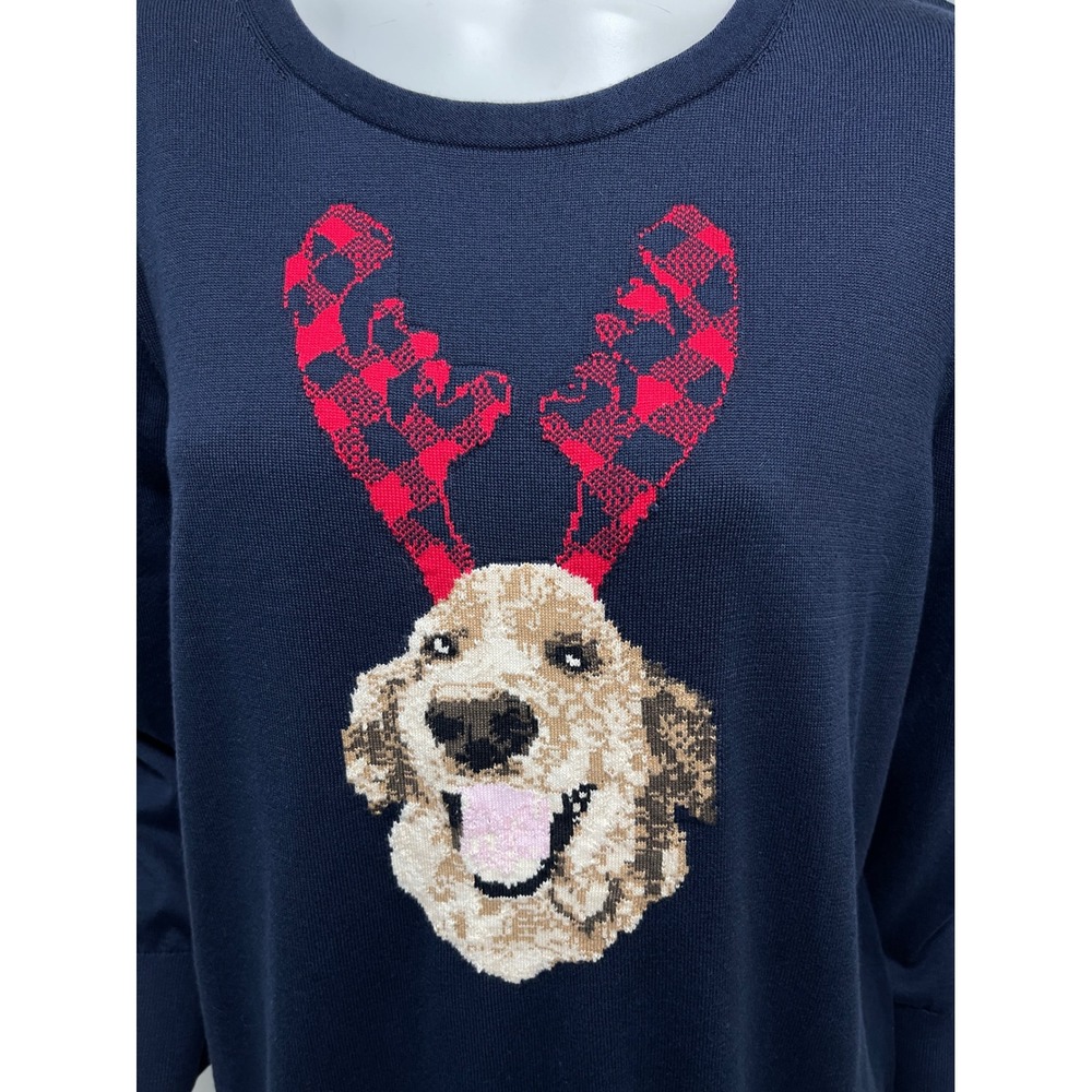Lands End Navy Supima Cotton Golden Retriever Reindeer Antler Sweater XL Tall 18 - Picture 3 of 9